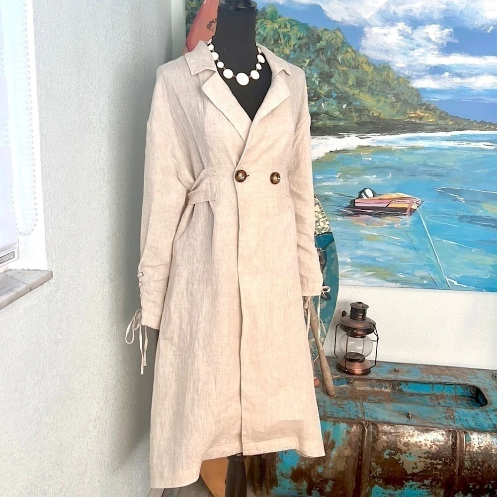 NWT, Fanco 100% Linen Beige Trench Dress Belted Lace-Up Cuff NWT Size S - Picture 6 of 16